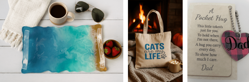 “Rectangular resin tray in ocean colours with clear handles, styled on a white wood background with a mug of coffee, sunglasses, fresh strawberries, and a tasselled cream cloth.”